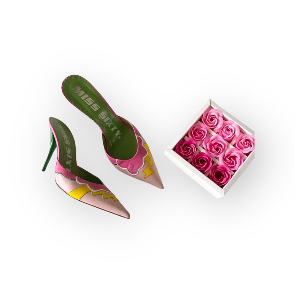 Vintage: Miss Sixty ↯ Lightning Pointy Toe Stiletto Heels Mules ↯ Pink Appliqué - Picture 16 of 17